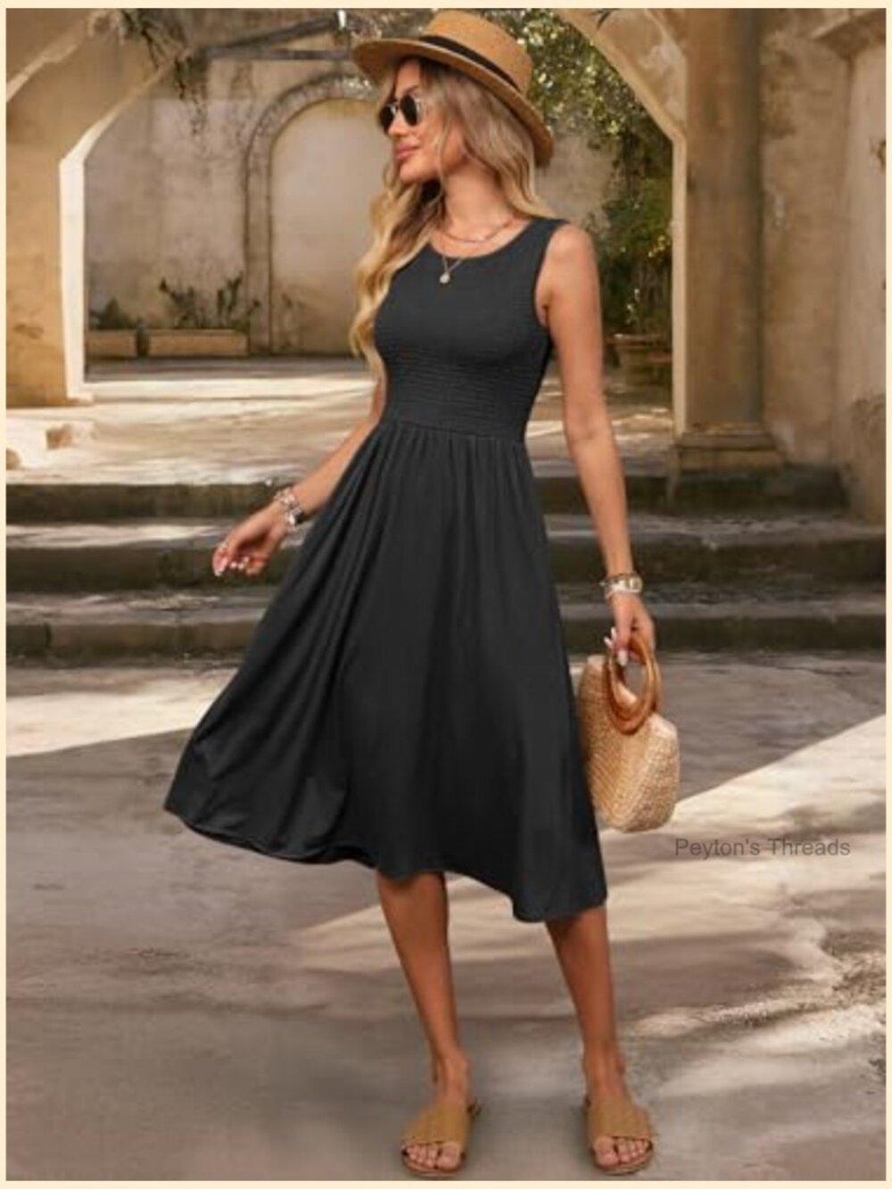 Sleeveless Smocked Elastic Waist Flowy Midi Dress with Pockets - Picture 4 of 7